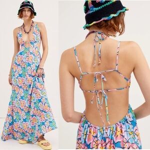 For Love & Lemons Yasmin Open Back Floral Maxi Dress Large Cut Out Plunge NWT